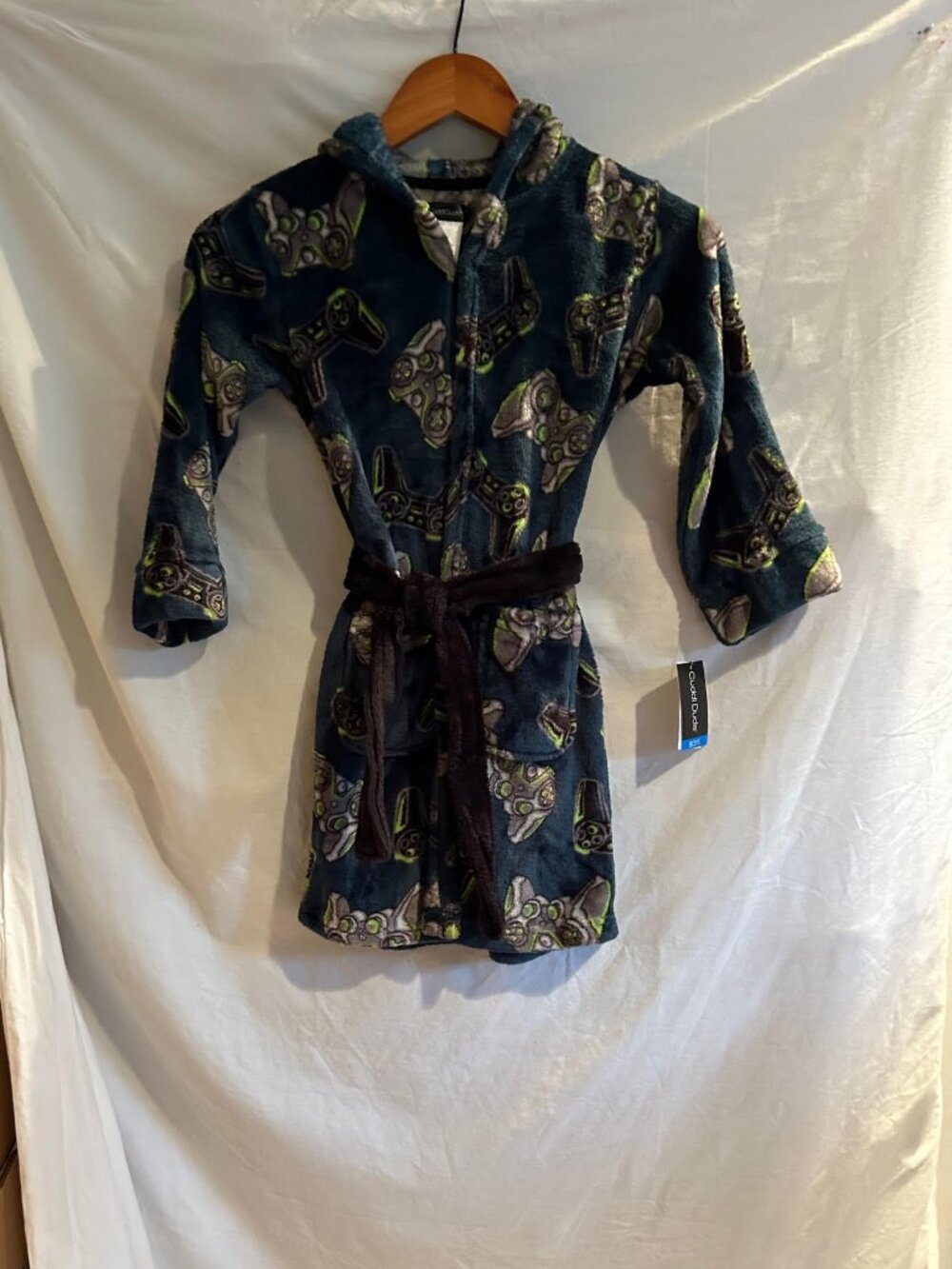 Cuddl Duds Boys Medium 4/6 Teal Fleece Gamer Print Hooded Pockets Tie Robe NWT